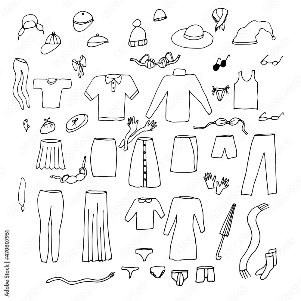 Obraz premium Doodle clothes set. Fashion, clothing store, items for window dressing. Trousers, dress, tights, underwear, hats, accessories. Men's and women's clothing.