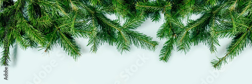 Fir tree branches on blue backgrund. Top view.