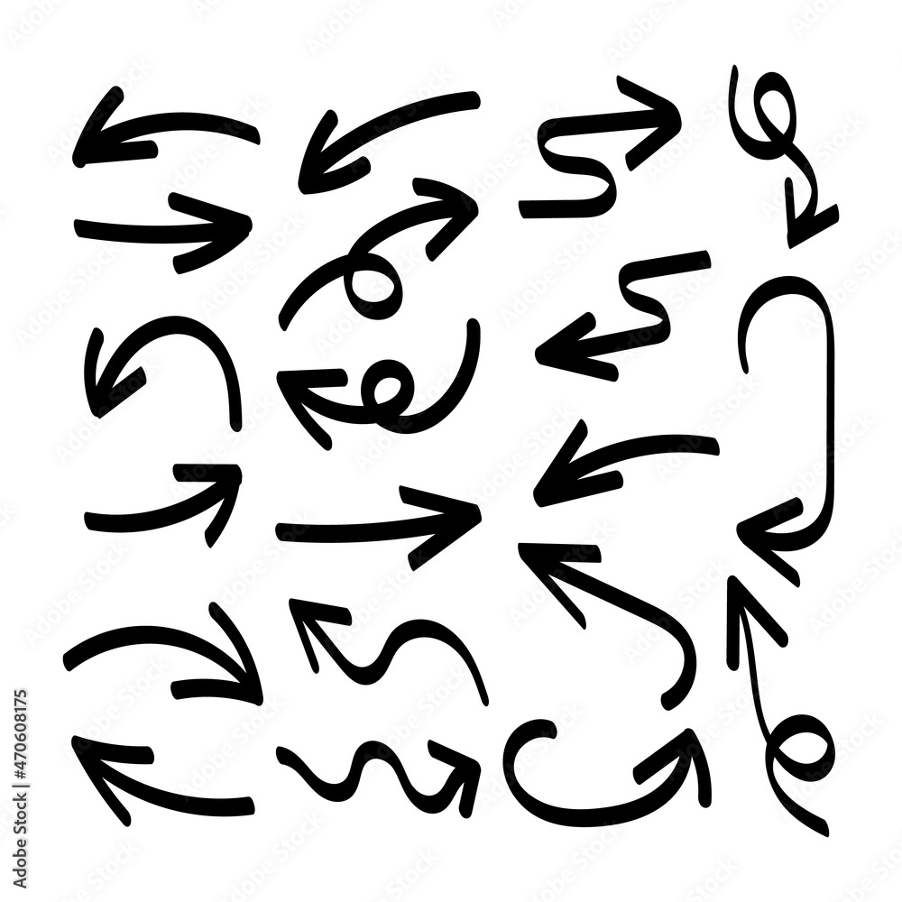 hand drawn arrows set, decorative elements, black bold arrows isolated on white background. hand drawn arrows set, decorative elements, black bold arrows isolated on white background.