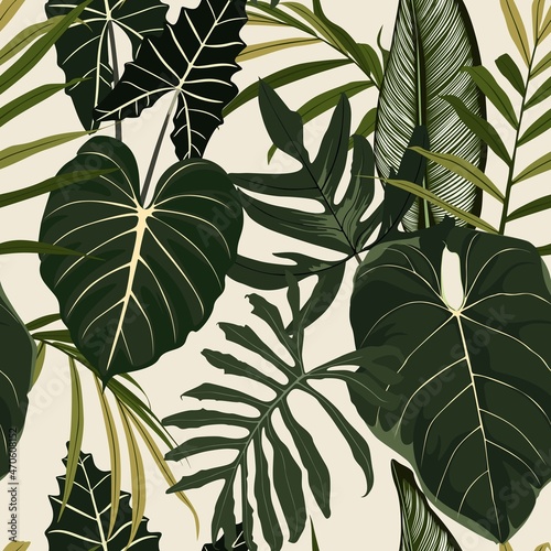 Floral seamless pattern, tropical plants and leaves, exotic fan palm on beige background.