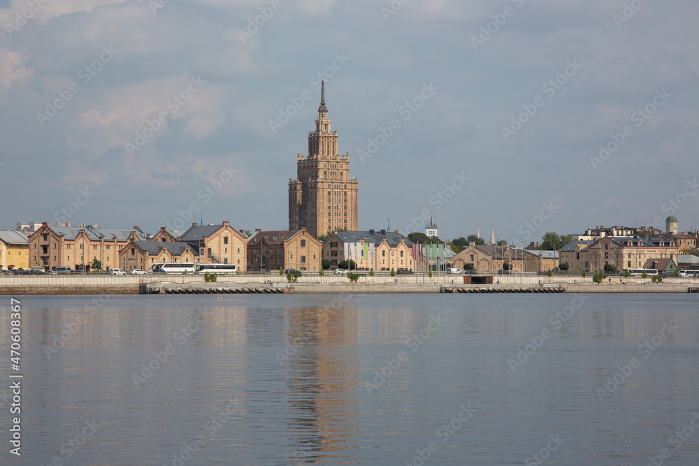 Latvia, Riga, River Daugava with city waterfront in background