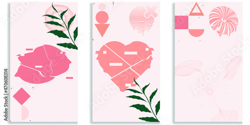 Social media covers with simple design elements . Boho style . Leaves . Post frame stories templates.  Layout for promotion .Media banner .Vector