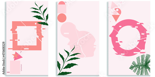 Social media covers with simple design elements . Boho style . Leaves . Post frame stories templates.  Layout for promotion .Media banner .Vector