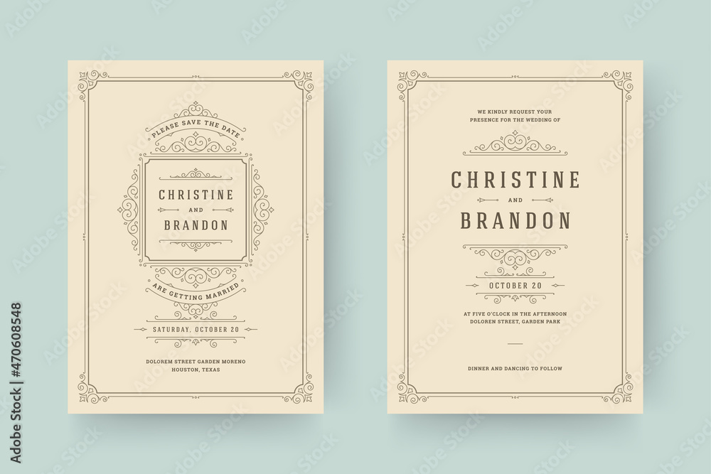 Wedding invitation and save the date cards flourishes ornaments vignette swirls.
