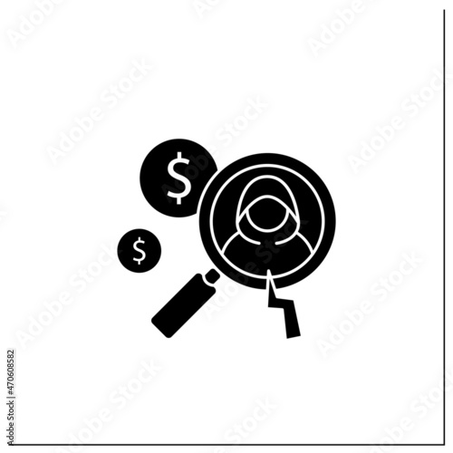 Detecting fraud glyph icon. Fraudulent schemes. Deception. Criminal acts. Careful research. Predictive analytics concept.Filled flat sign. Isolated silhouette vector illustration
