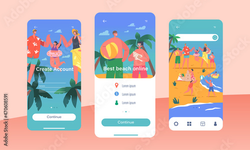 Happy Family on Beach Mobile App Page Onboard Screen Template. Mother, Father, Daughter and Sons Characters at Seaside
