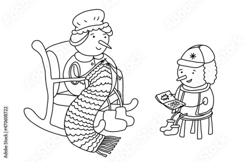 Grandma and grandson snowmen spending time together. Knitting and reading books. Doodle hand drawn illustration isolated on white. Black outline. Great for coloring books, cozy winter design