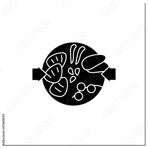 Healthy food glyph icon. Steaks with goulash sauce, sweet potatoes fries and vegetables on plate. Balanced nutrition. Small portion. Dash diet.Filled flat sign. Isolated silhouette vector illustration