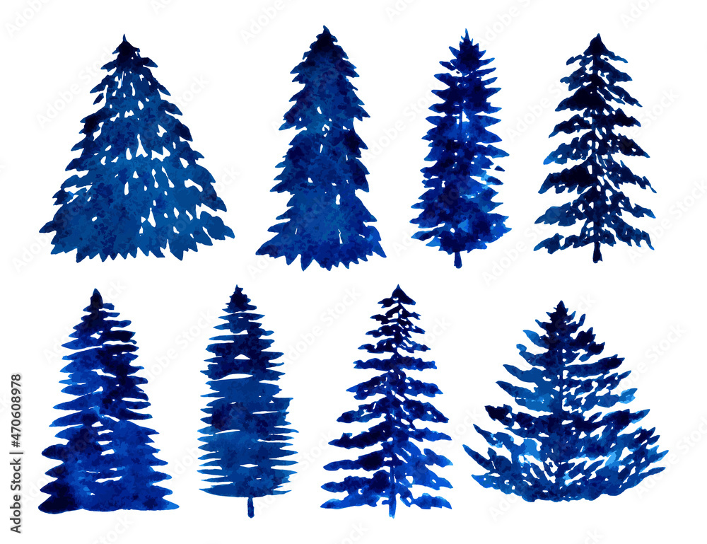 Set of navy blue conifer trees. Hand painted watercolor. Isolated on white background.