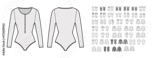 Set of bodysuits technical fashion illustration with fitted knit body, long sleeves, sleeveless, turtleneck. Flat apparel template front, back, grey color style. Women, men, unisex top CAD mockup