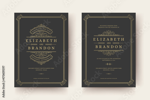 Wedding invitation and save the date cards flourishes ornaments vignette swirls.