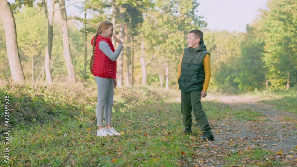 children play near the autumn forest children play near the autumn forest