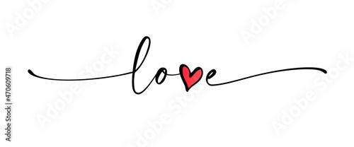 Love - continuous line cursive text. Lettering typography design with word love and doodle heart. Elegant vector print for t-shirt, poster, card, banner valentine day, wedding photo