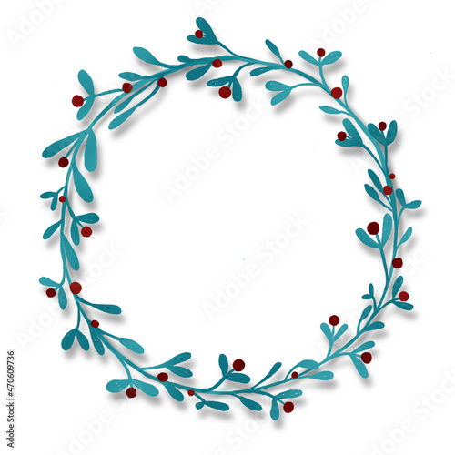 Blue Mistletoe Wreath for Christmas Illustration with shadow with red Berries on plain white background. Digital Illustration. 