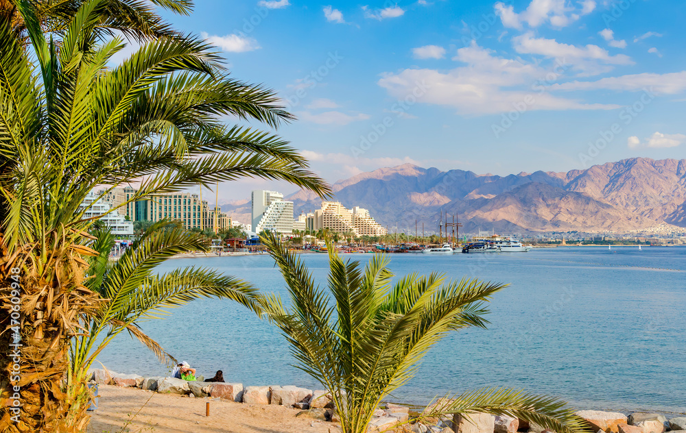 Central beach in Eilat - famous tourist resort and recreational city located on the Red Sea, Israel