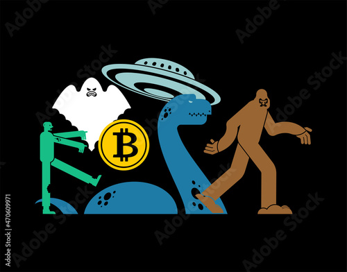 Paranormal object Concept. Bitcoin and zombies. UFO and Yeti. Loch Ness monster and ghost. electronic currency vector illustration