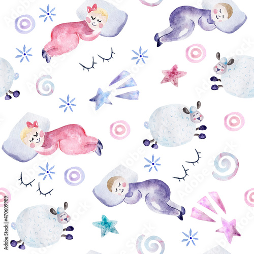 Baby dreams watercolor seamless pattern. Template for decorating designs and illustrations.