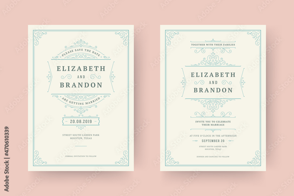 Fototapeta premium Wedding invitation and save the date cards flourishes ornaments vignette swirls.