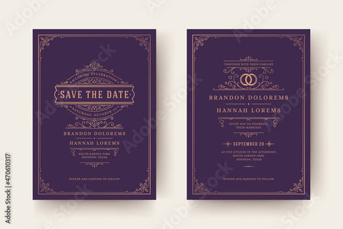 Wedding invitation and save the date cards flourishes ornaments vignette swirls.