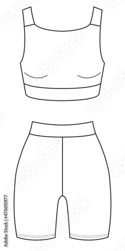 women workout outfit yoga set two piece ribbed sports bra and tight shorts gym suit vector template