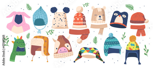 Set Children Hats for Winter Season, Knitted and Textile Caps for Girls or Boys Isolated on White Background, Headwear