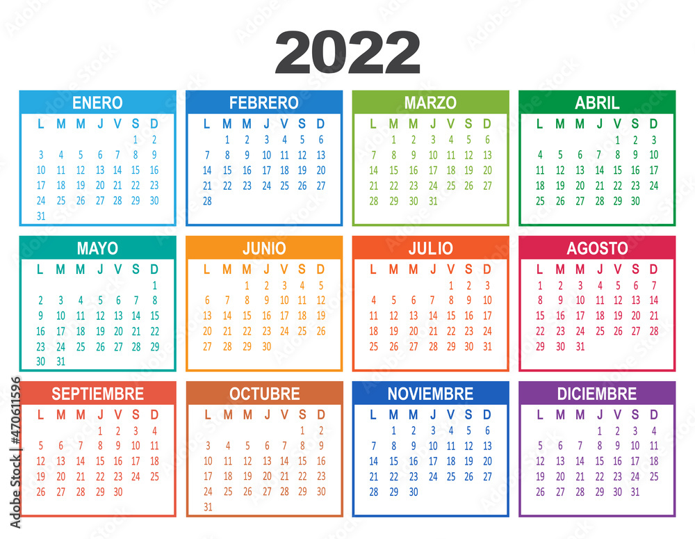 Spanish 2022 year calendar. Week starts on Monday. Vector illustration Spanish 2022 year calendar. Week starts on Monday. Vector illustration