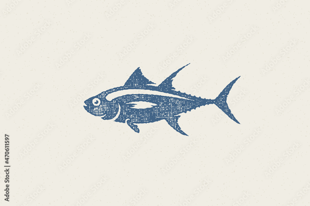 Fresh tuna fish silhouette for food market and seafood restaurant hand drawn stamp effect vector illustration.