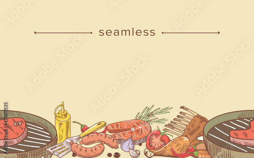 Grill Food Doodle Seamless Pattern. Colorful Drawing with Meat or Fish Steaks, Sausages, Barbecue Machine, Turner