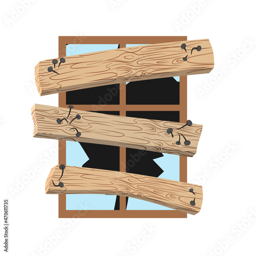 Broken and boarded up window. Abandoned house window