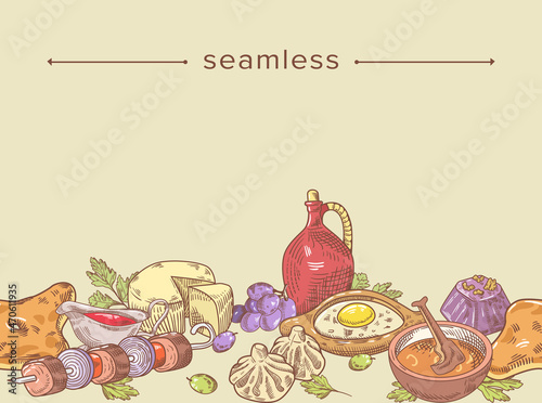 Georgian Cuisine Cuisine Doodle Seamless Pattern with National Food and Delicacy Meals. Traditional Dishes of Georgia