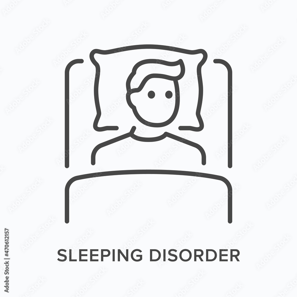 Sleeping disorder flat line icon. Vector outline illustration of man lying on bed. Black thin linear pictogram for insomnia