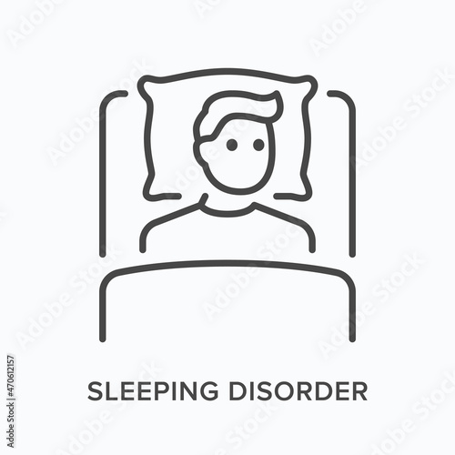 Sleeping disorder flat line icon. Vector outline illustration of man lying on bed. Black thin linear pictogram for insomnia © Sir.Vector