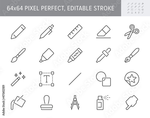 Drawing tool line icons. Vector illustration include icon - pencil, paintbrush, divider, magic wand, wax crayon, marker outline pictogram for stationery items. 64x64 Pixel Perfect, Editable Stroke