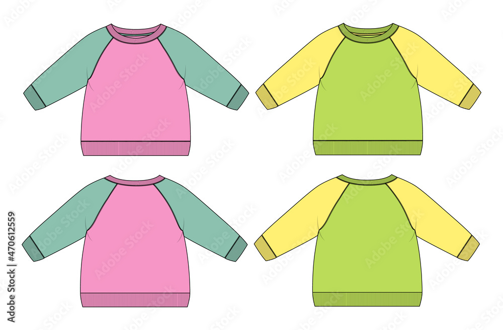 Two tone color Long Sleeve sweatshirt Overall technical fashion flat sketch  vector illustration template for women's. Cotton fleece fabric clothing  mock up front and back views. Stock Vector | Adobe Stock
