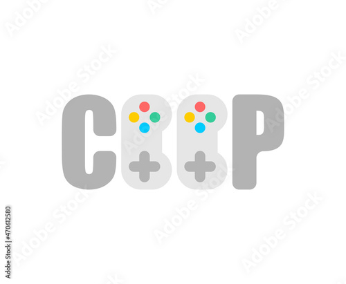 Coop game logo. Cooperative game sign. Video game icon for two joysticks. Play together together.