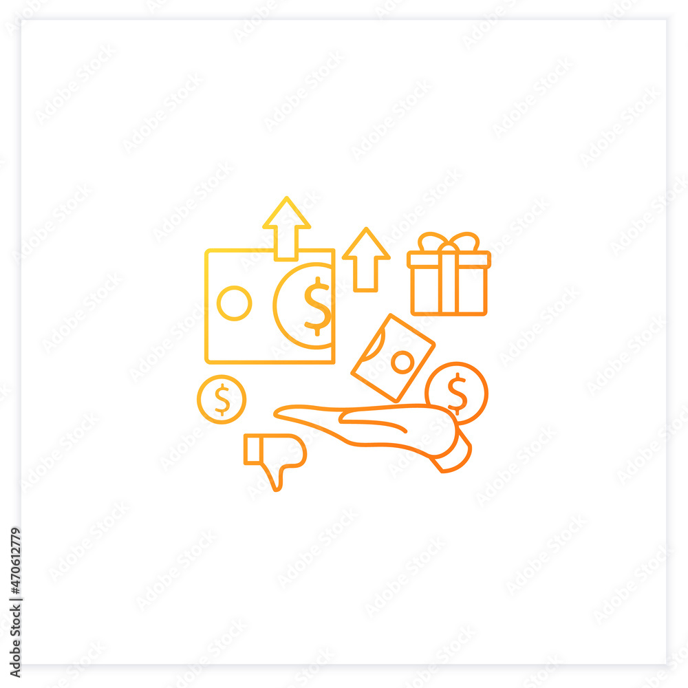 Excessive cost gradient icon. Increasing product costs. Hand hold money.Universal basic income concept. Isolated vector illustration.Suitable to banners, mobile apps and presentation
