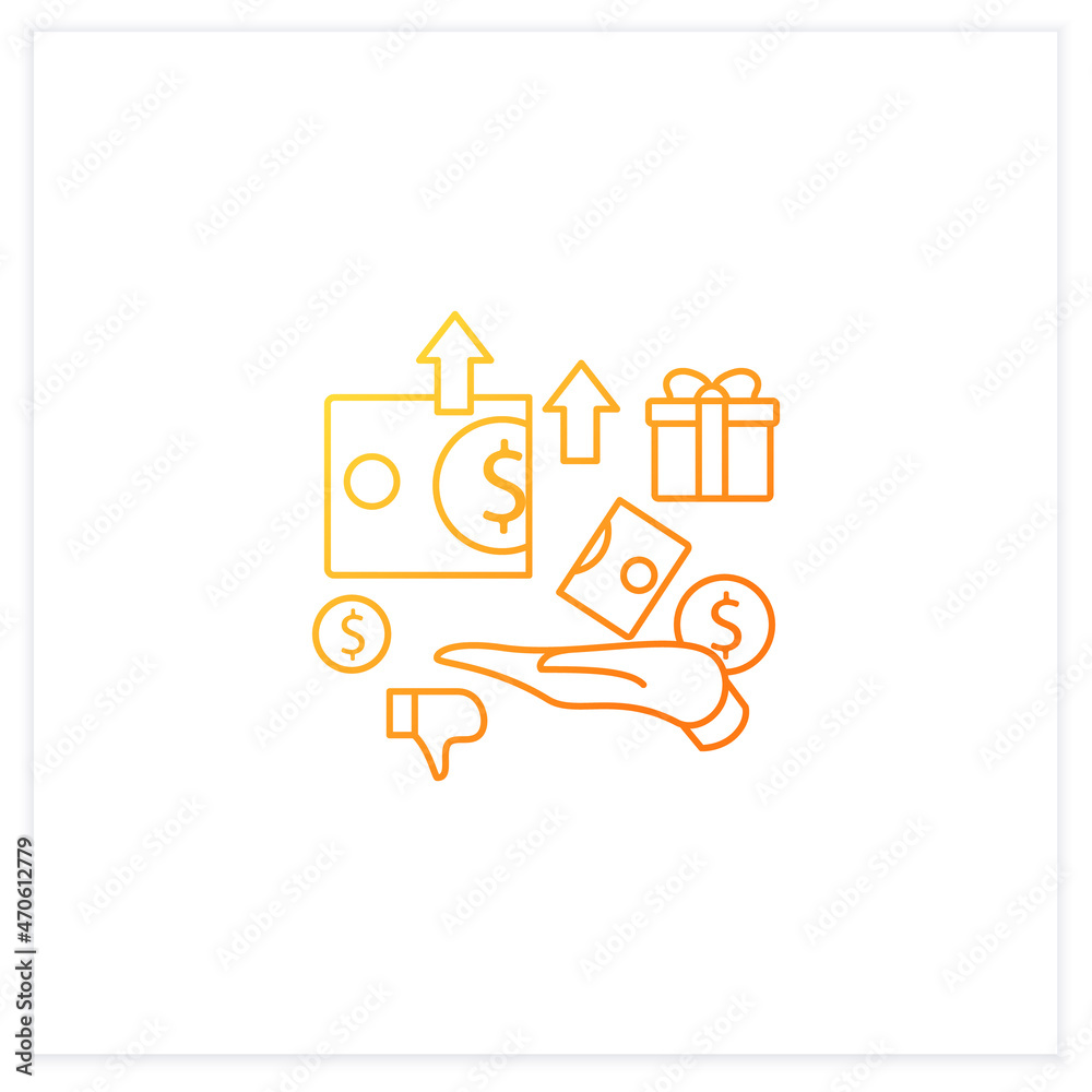 Obraz premium Excessive cost gradient icon. Increasing product costs. Hand hold money.Universal basic income concept. Isolated vector illustration.Suitable to banners, mobile apps and presentation