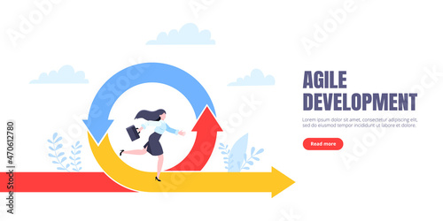 Agile development methodology business concept flat style design vector illustration isolated on white background. Agile life cycle for software development diagram. Business person run into project.
