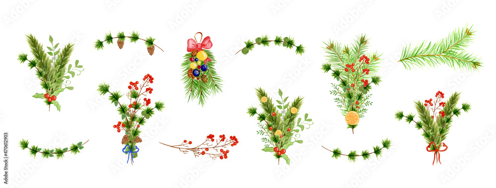 Watercolor set with New Years bouquets. Bouquets of fir branches, with red berries on a branch. Orange slices, cones on a branch, bows. Christmas. Design for postcards.