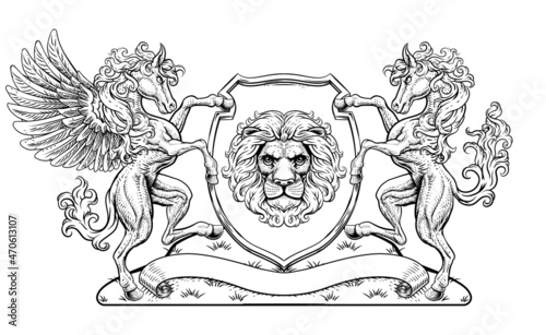 Crest Pegasus Horse Coat of Arms Lion Shield Seal