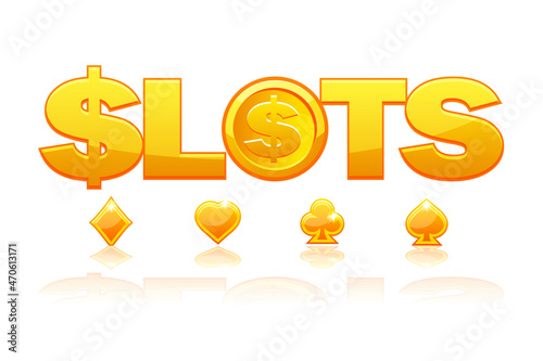 Gold logo slot with card suits for casino games.