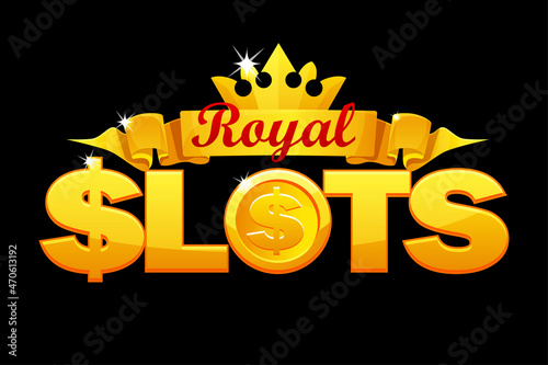 Royal slot logo, golden crown and ribbon for game of casino.