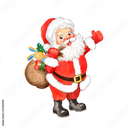 Santa Claus Watercolor illustration. Christmas Santa with a bag of gifts, picture for a Christmas card, Santa Christmas print 