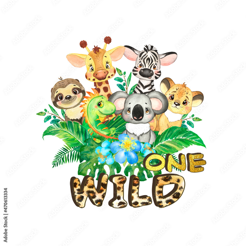 Obraz premium Jungle Safari One Wild Baby Animal Design. One wild party birthday. Leopard lettering. One Wild Sublimation Designs