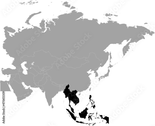 Black Map of Southeast region of Asia inside the gray map of Asia