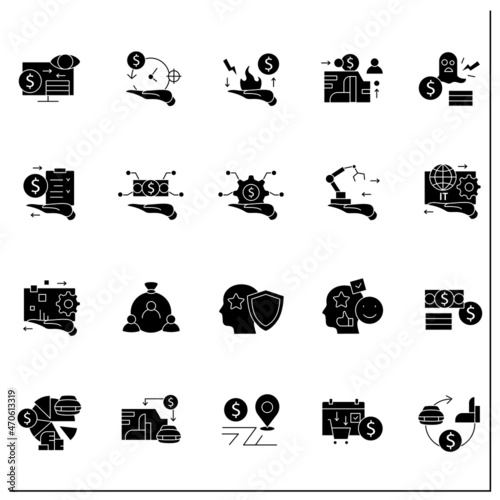 Asset management glyph icons set. Financial resources. Monitoring accounts. Identification, evaluation.Control.Business concept.Filled flat signs. Isolated silhouette vector illustrations 