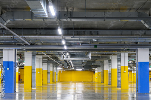 Underground parking of a commercial building.