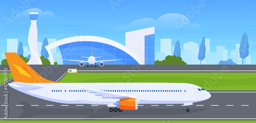 Passenger airplane taking off on runway modern airport building vector flat illustration