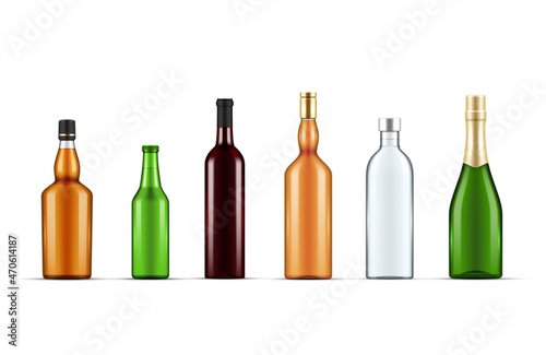 Different shapes alcohol bottles set realistic vector illustration. Transparent glass containers