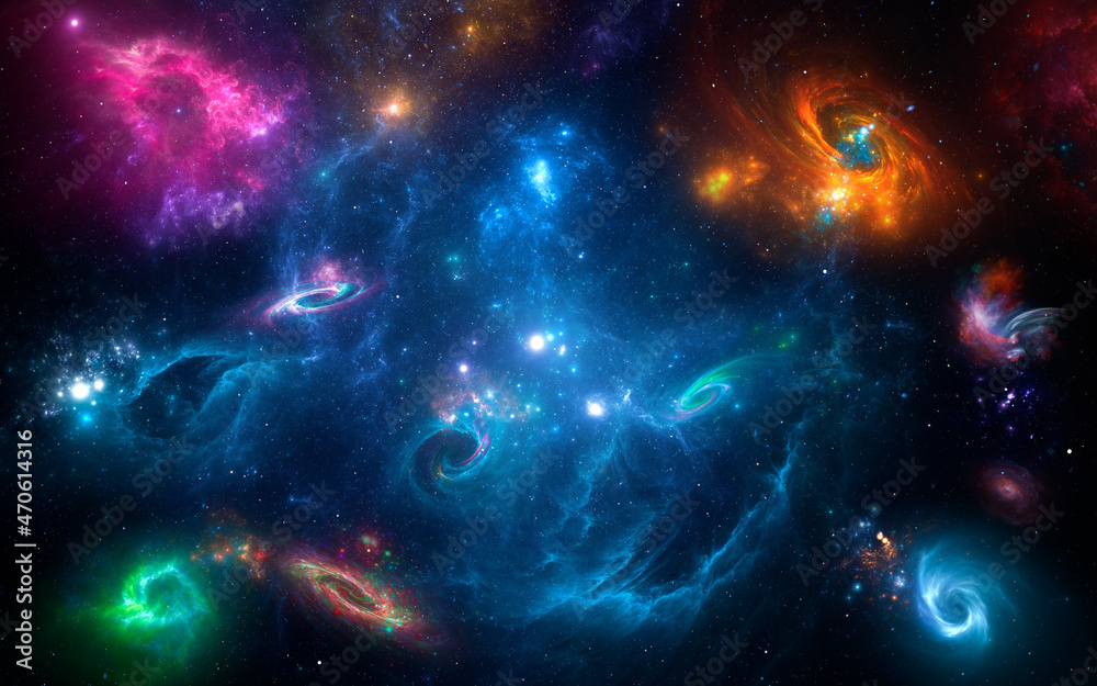 Panorama Space galaxy scene with planets, stars and galaxies. Banner template. Many Nebulae and galaxies in space, many light years away. Deep Universe galaxy space. Large-scale structure 3D rendered